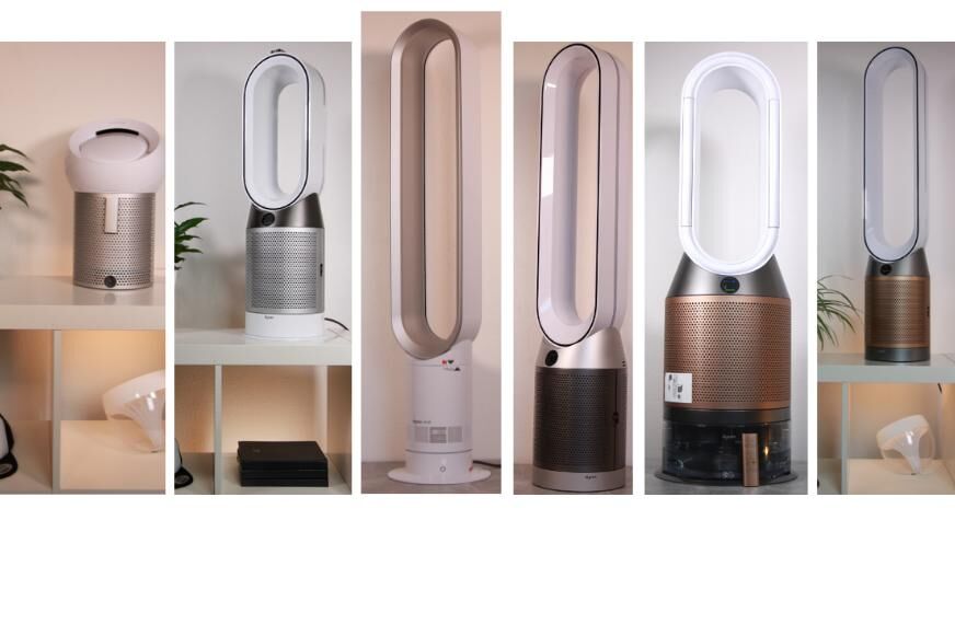  Различные комбинированные приборы, очистители воздуха и вентиляторы Dyson стоят рядом в ходе прямого теста и сравнения.